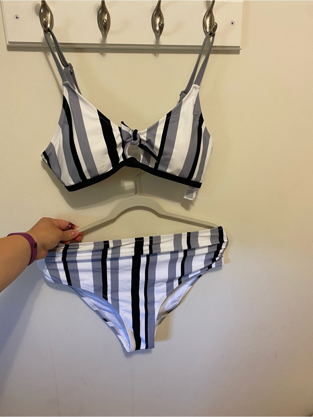 Cupshe XL Striped Tie-Front Bikini Set in White, Black & Gray